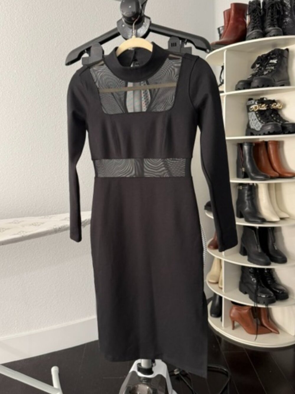 Anthropologie XS Black Mesh Panel Sheath Dress NWOT Mock Neck Long Sleeve